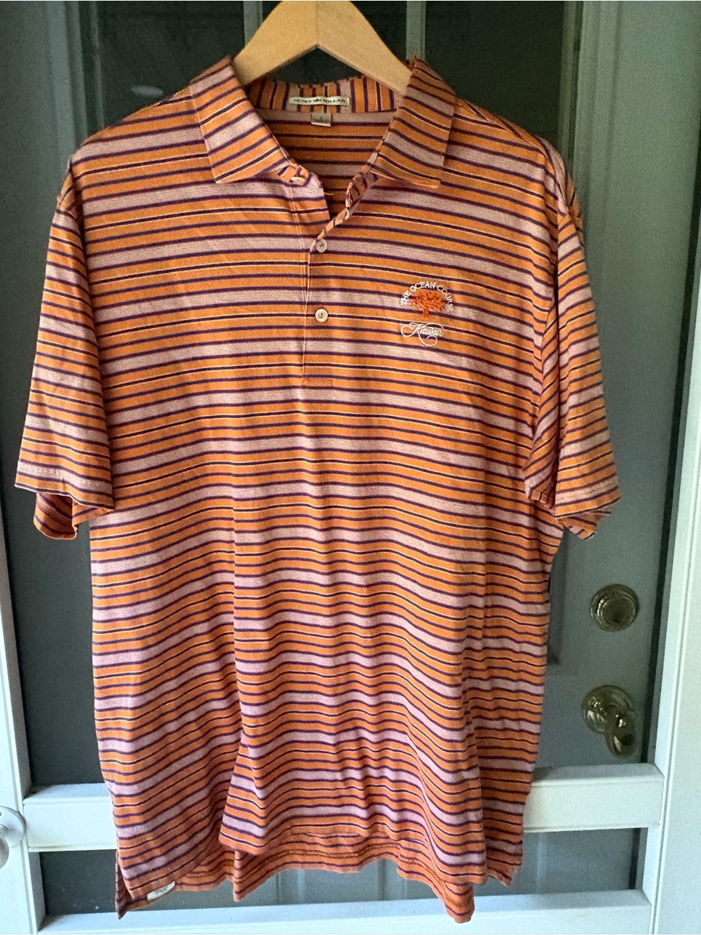 Peter Millar Crown Orange & Purple The Ocean Course Kiawah Striped Polo